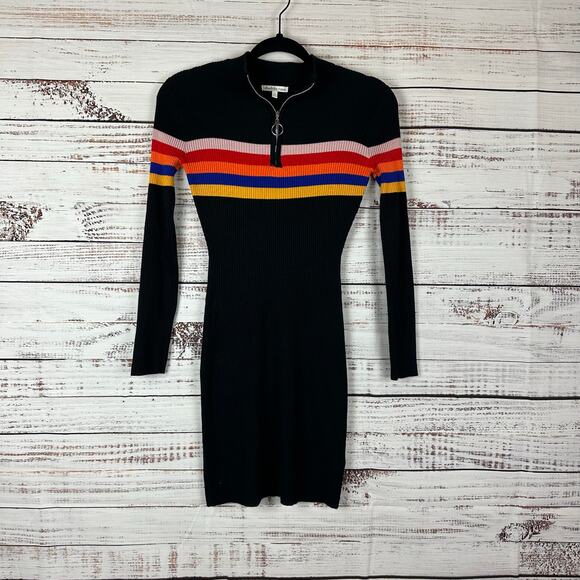 Womens Y2K Charlotte Russe Long Sleeve Black Striped 1/4 Zip Dress Stretch Sz S - Picture 1 of 6